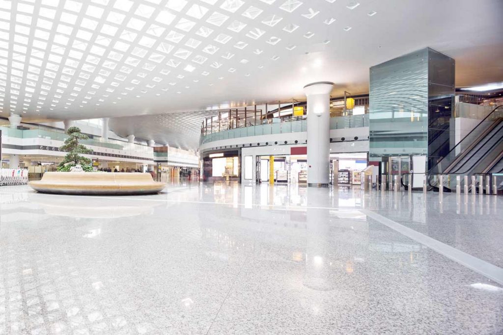 The shiny floors of a shopping mall 