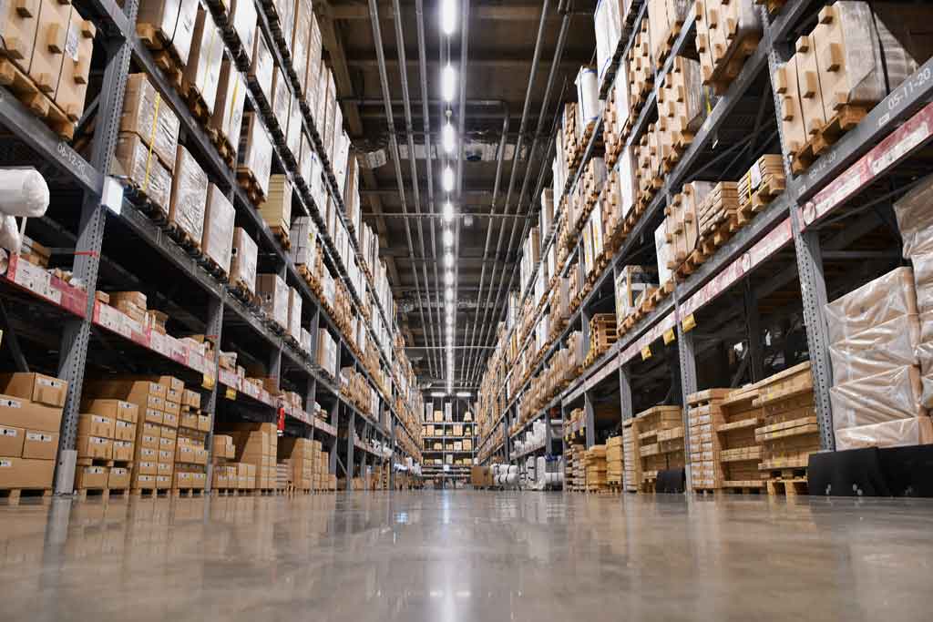 A ground level view of a warehouse floor